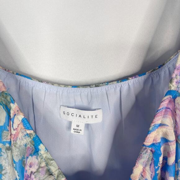 Socialite M Blue Purple Floral Ruffled Midi Dress Sleeveless Split Front Scoop - Picture 7 of 12